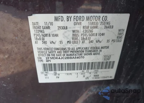2011 Ford Edge Sel z USA, uszkodzony, nr VIN 2FMDK4JC2BBA54070